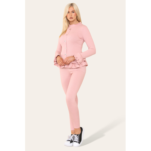 Long Sleeves Peplum Front Buttons Frilled Hem Lounge Wear Set