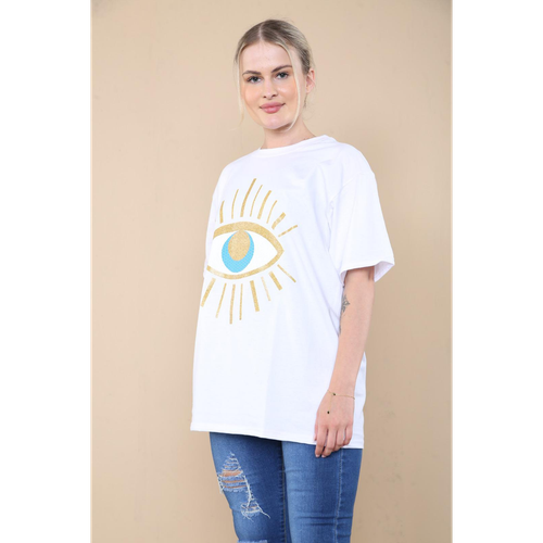 Ladies Oversized Sequin Eye Printed Short Sleeves T Shirt Top