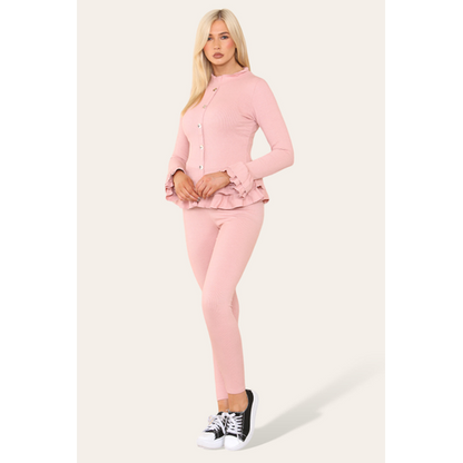 Long Sleeves Peplum Front Buttons Frilled Hem Lounge Wear Set