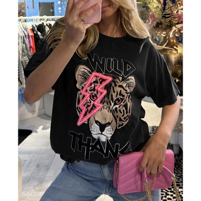 Ladies Oversized Tiger Lightning Wild Thang Short Sleeves T Shirt Top
