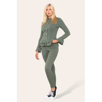 Long Sleeves Peplum Front Buttons Frilled Hem Lounge Wear Set