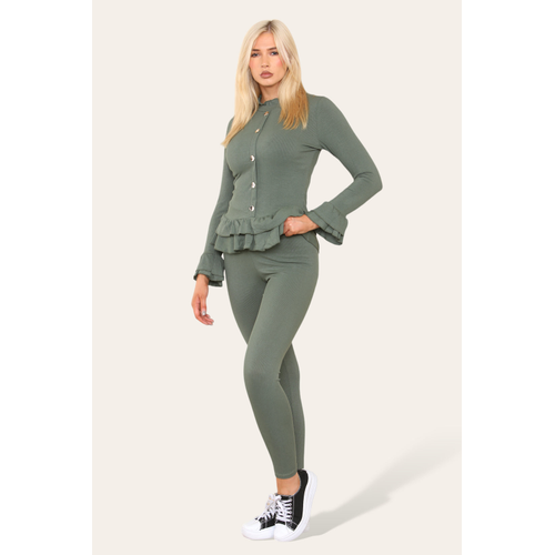 Long Sleeves Peplum Front Buttons Frilled Hem Lounge Wear Set