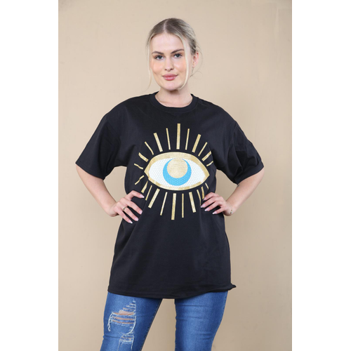 Ladies Oversized Sequin Eye Printed Short Sleeves T Shirt Top