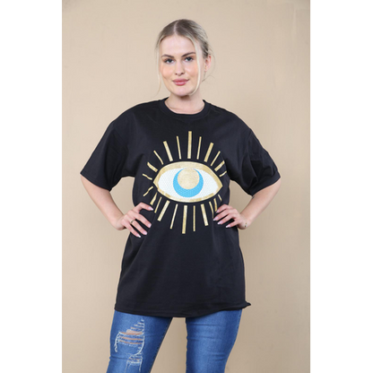 Ladies Oversized Sequin Eye Printed Short Sleeves T Shirt Top