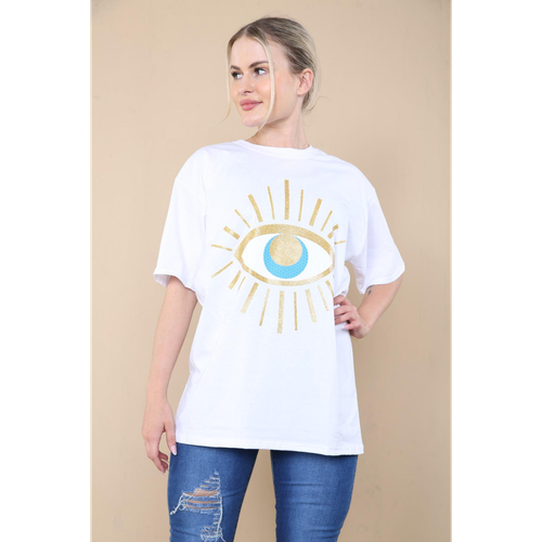 Ladies Oversized Sequin Eye Printed Short Sleeves T Shirt Top