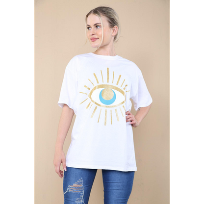 Ladies Oversized Sequin Eye Printed Short Sleeves T Shirt Top