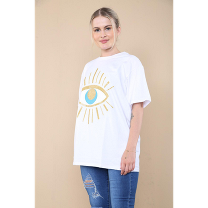 Ladies Oversized Sequin Eye Printed Short Sleeves T Shirt Top