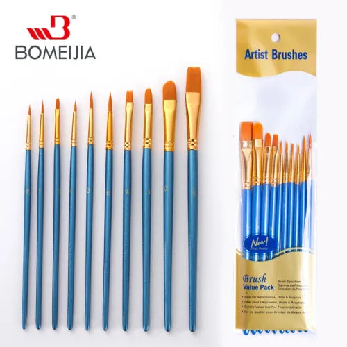 10Pcs Nylon Hair Water Colour Paint Brush Set for Art and Painting