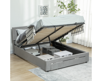 Double Bed Frame with Storage and Adjustable Velvet Headboard