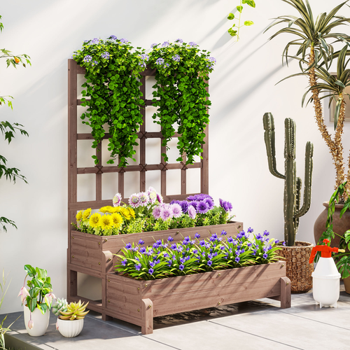 Outsunny 2-Tier Wooden Raised Bed with Trellis and Drainage Holes