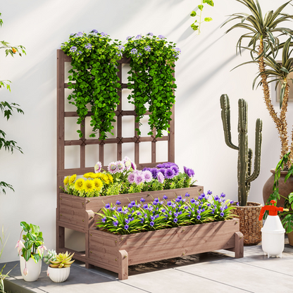 Outsunny 2-Tier Wooden Raised Bed with Trellis and Drainage Holes