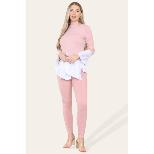 Ribbed Lounge Wear Flared Shirt and Leggings Co-Ord Set